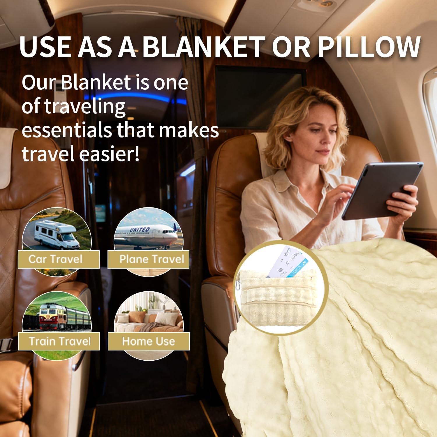 Travel Blanket and Pillow-2-in-1, Ultra-Soft&Compact, Airplane Blanket with Hand Luggage Belt and Backpack Clip,Travelers Accessories Gifts, 61x43 Inches(White) - Image 3
