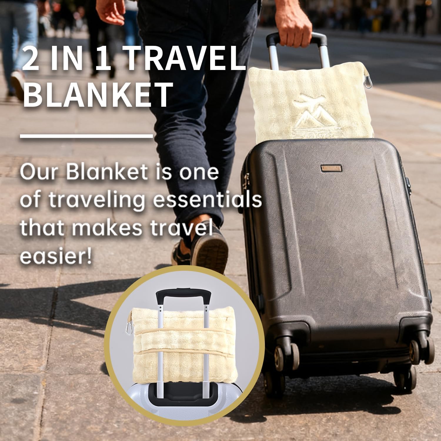 Travel Blanket and Pillow-2-in-1, Ultra-Soft&Compact, Airplane Blanket with Hand Luggage Belt and Backpack Clip,Travelers Accessories Gifts, 61x43 Inches(White) - Image 4
